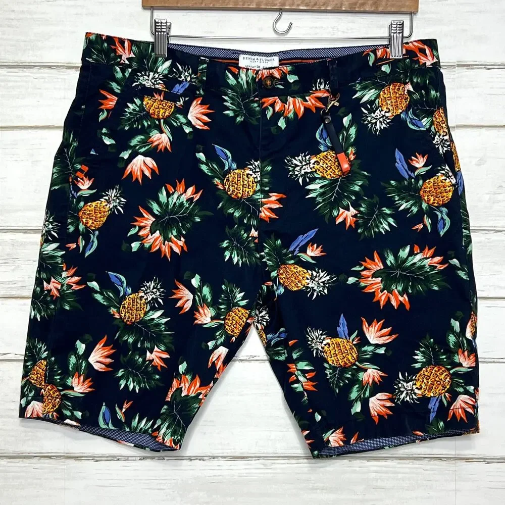 Denim & Flower Ricky Singh Pineapple Shorts Size 36 Tropical Print Chino